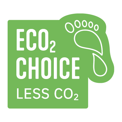 Logo with a green background featuring the text "ECO₂ CHOICE LESS CO₂" alongside a stylized footprint, promoting an eco-friendly and CO₂-reduced product or concept.