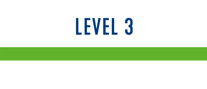 Text graphic with "LEVEL 3" written in blue capital letters, accompanied by a horizontal green line underneath, indicating a progression or hierarchy level.