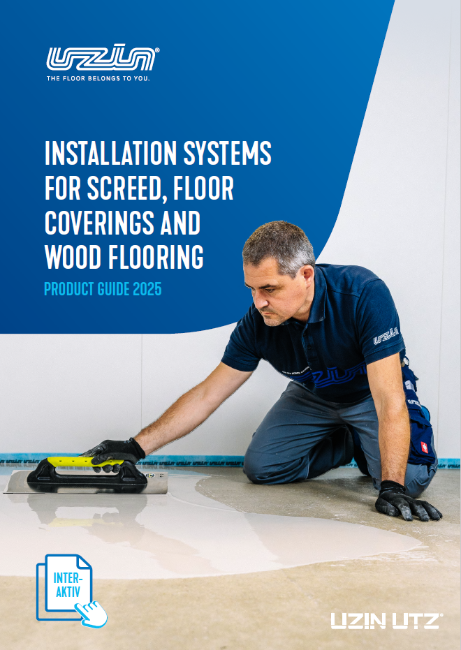 A man kneels on the floor, using a trowel to spread a leveling compound on a surface. The image promotes a 2025 product guide for Uzins installation systems for screed, floor coverings, and wood flooring.