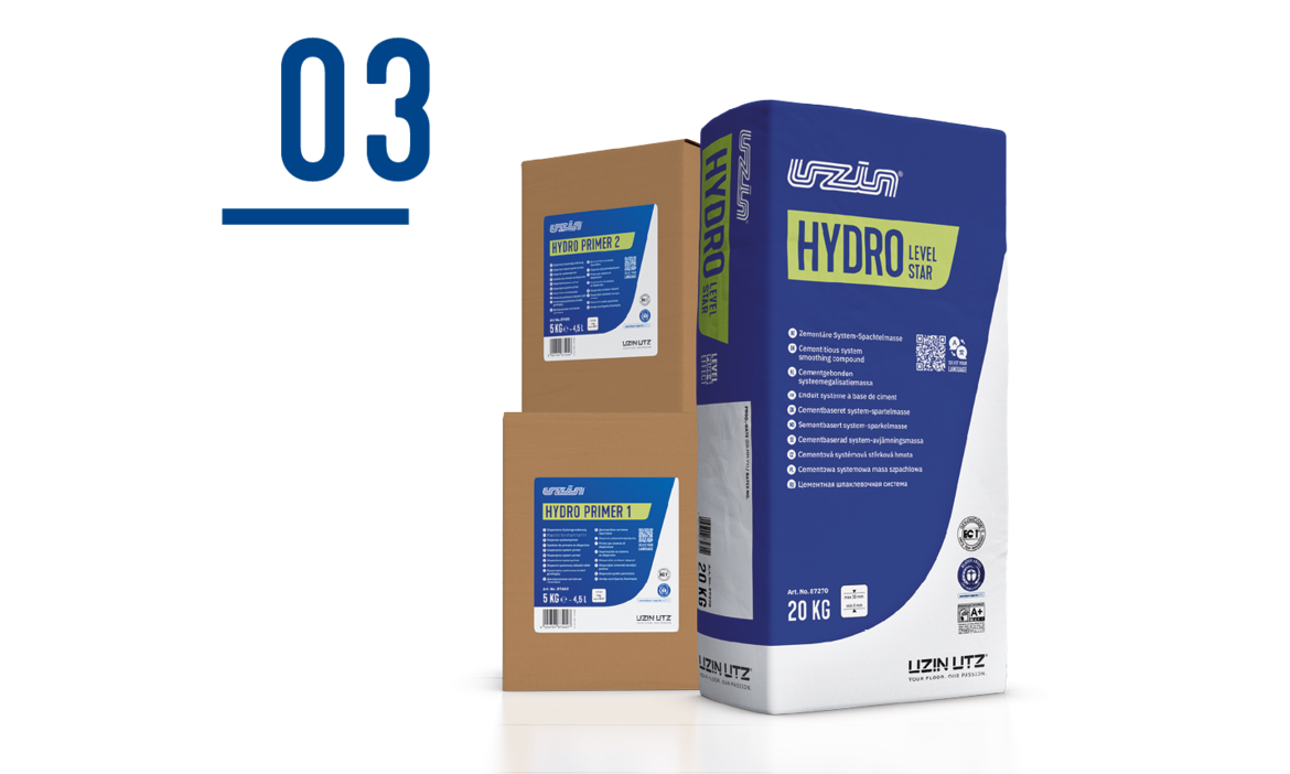 UZIN Hydro System: HYDRO Level Star levelling compound in 20 kg bag as well as Hydro Primer 1 and Hydro Primer 2 in environmentally friendly packaging, presented against a water-repellent background for professional flooring solutions.