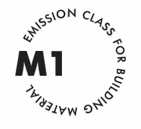 A circular logo with the words EMISSION CLASS FOR BUILDING MATERIAL around the edge and large M1 in the center.