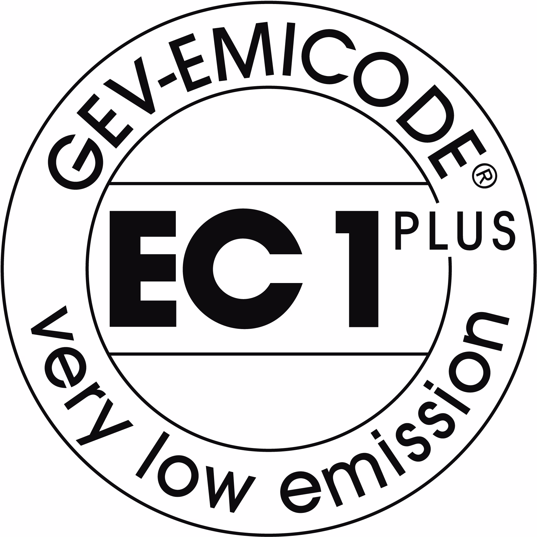 A black and white circular logo with the text GEV-EMICODE very low emission around the edge and EC 1 PLUS in bold letters in the center.