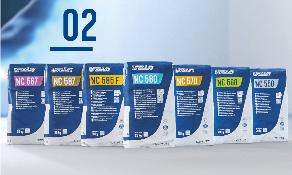 UZIN FusionTec levelling compound series: Seven different products (NC 567, NC 587, NC 585 F, NC 580, NC 570, NC 560, NC 550) in blue 20 kg bags, presented in a sustainable design for professional floor levelling.