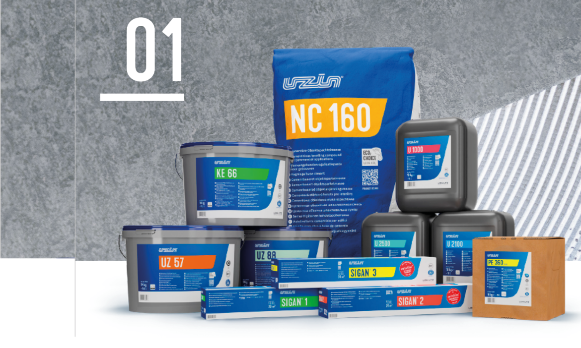 Product overview of the UZIN ECO2CHOICE line: Includes NC 160 levelling compound, adhesives such as KE 66 and U 1000, as well as PE 360 primer and SIGAN 1-3 adhesive systems - innovative solutions for sustainable floor installation.
